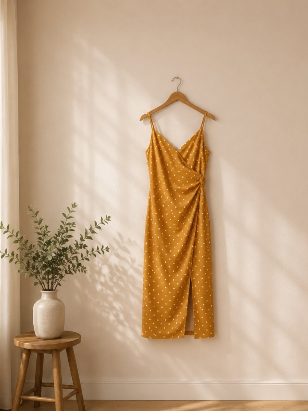 Dynamite Yellow Polka Dot Midi Dress Small ☀️ Mustard Wrap Slit Dress